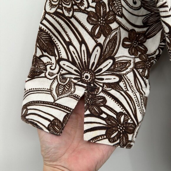 Chicos Size 3 US‎ XL 16 18 Top Shirt Shacket 100% Linen Brown Floral 3/4 Sleeve - Picture 7 of 12